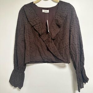 Sadie & Sage Brown Eyelet Ruffle Wrap Blouse